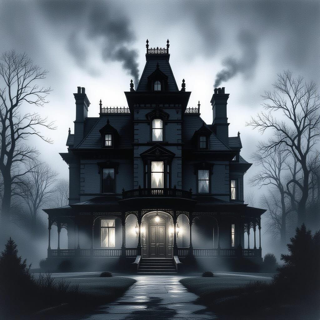 Victorian Manor in Mist: Charcoal Drawing