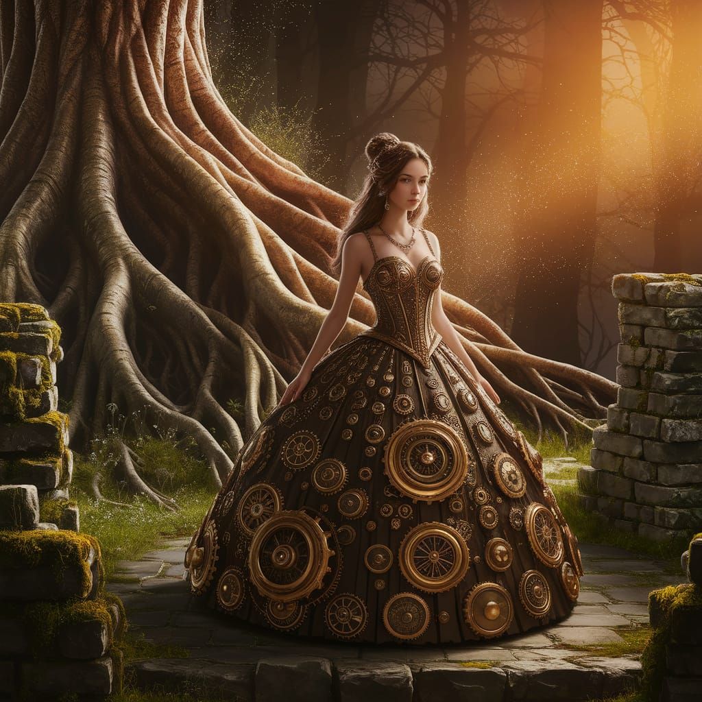 Steampunk Woman Beside Ancient Tree in Fantasy Concept Art