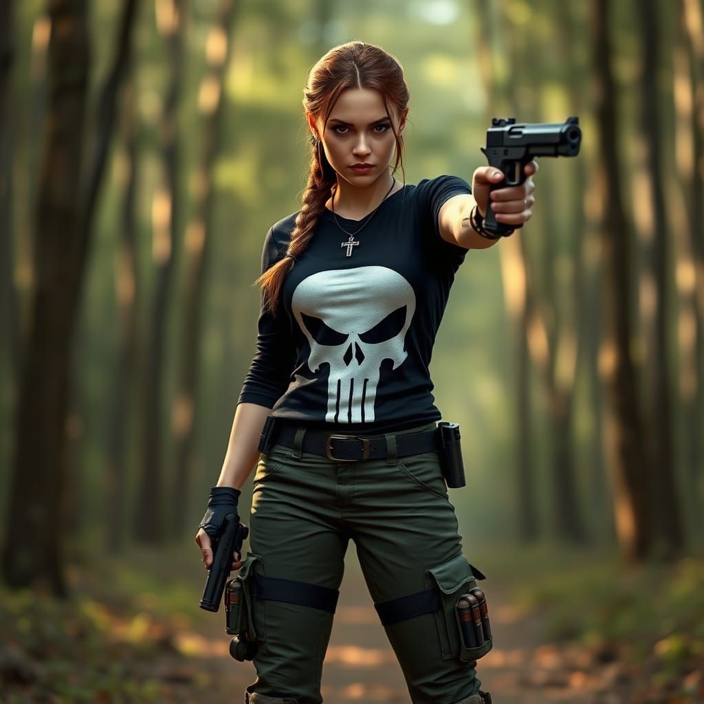 Hyperdetailed Female Punisher in Forest Setting