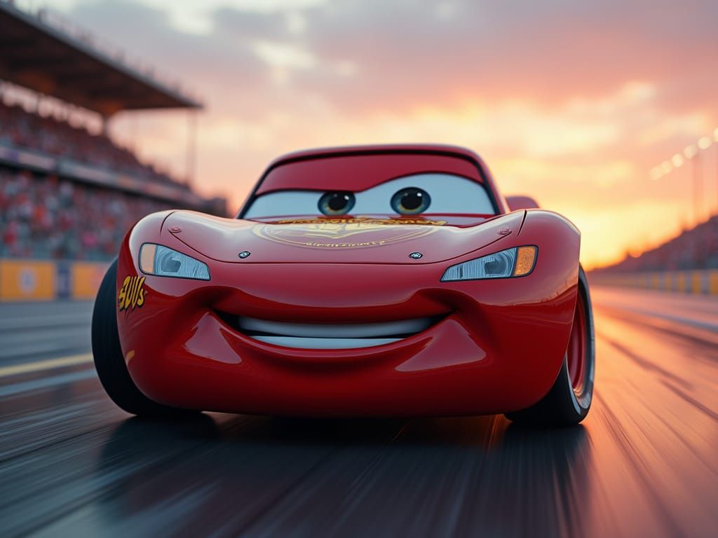 Lightning McQueen Races at Dawn: Hyperrealistic Close-Up