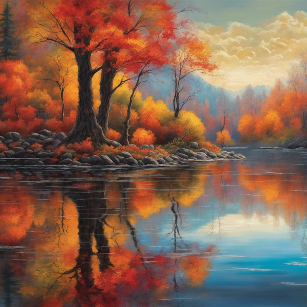 Autumn Lakeside Reflection: Detailed Digital Painting