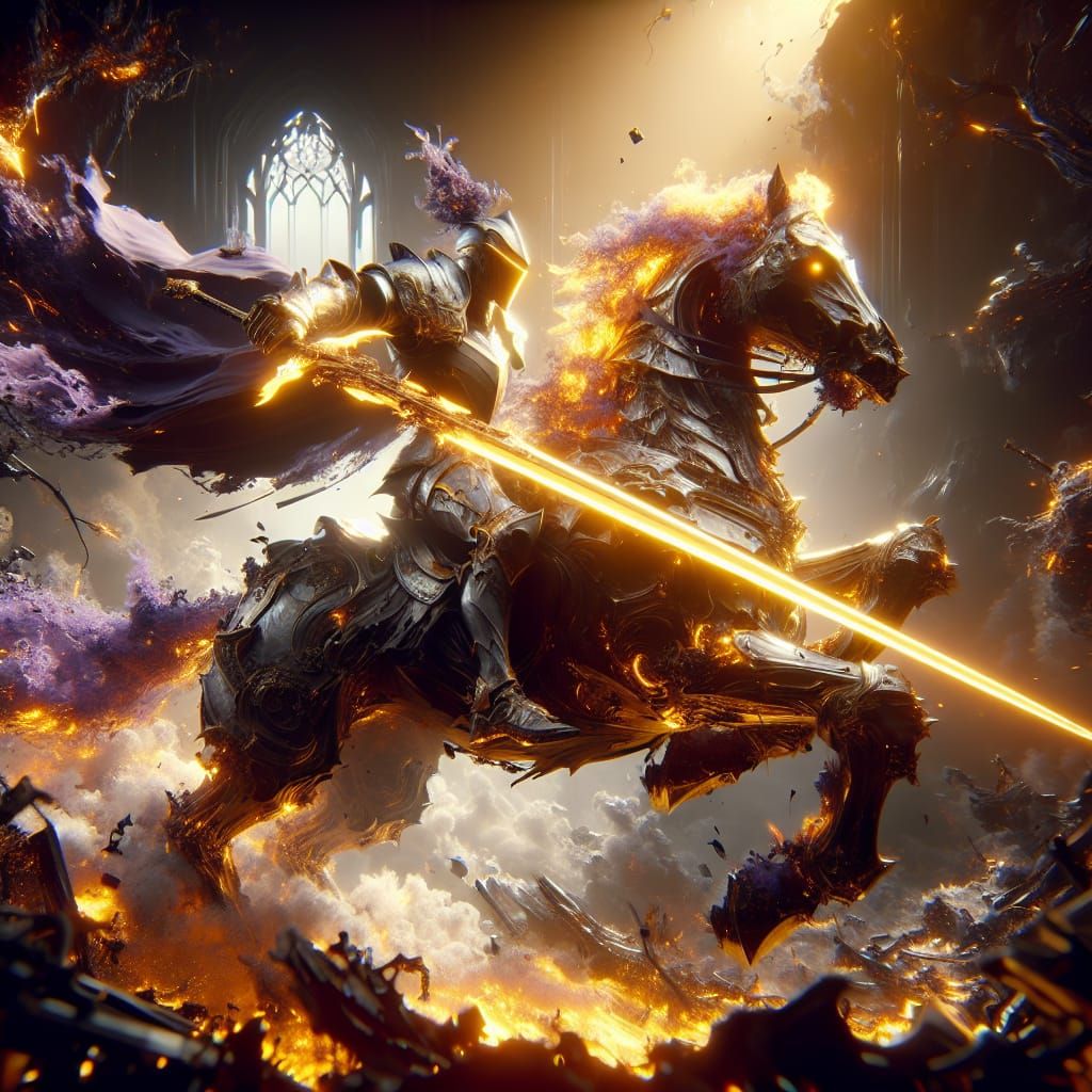 Knight on a horse with glowing golden sword. Detailed fantas...