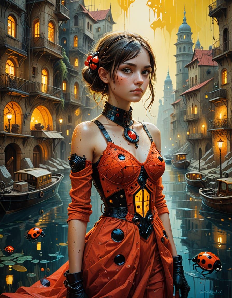 Steampunk Ladybug in Klimt Style Underwater City
