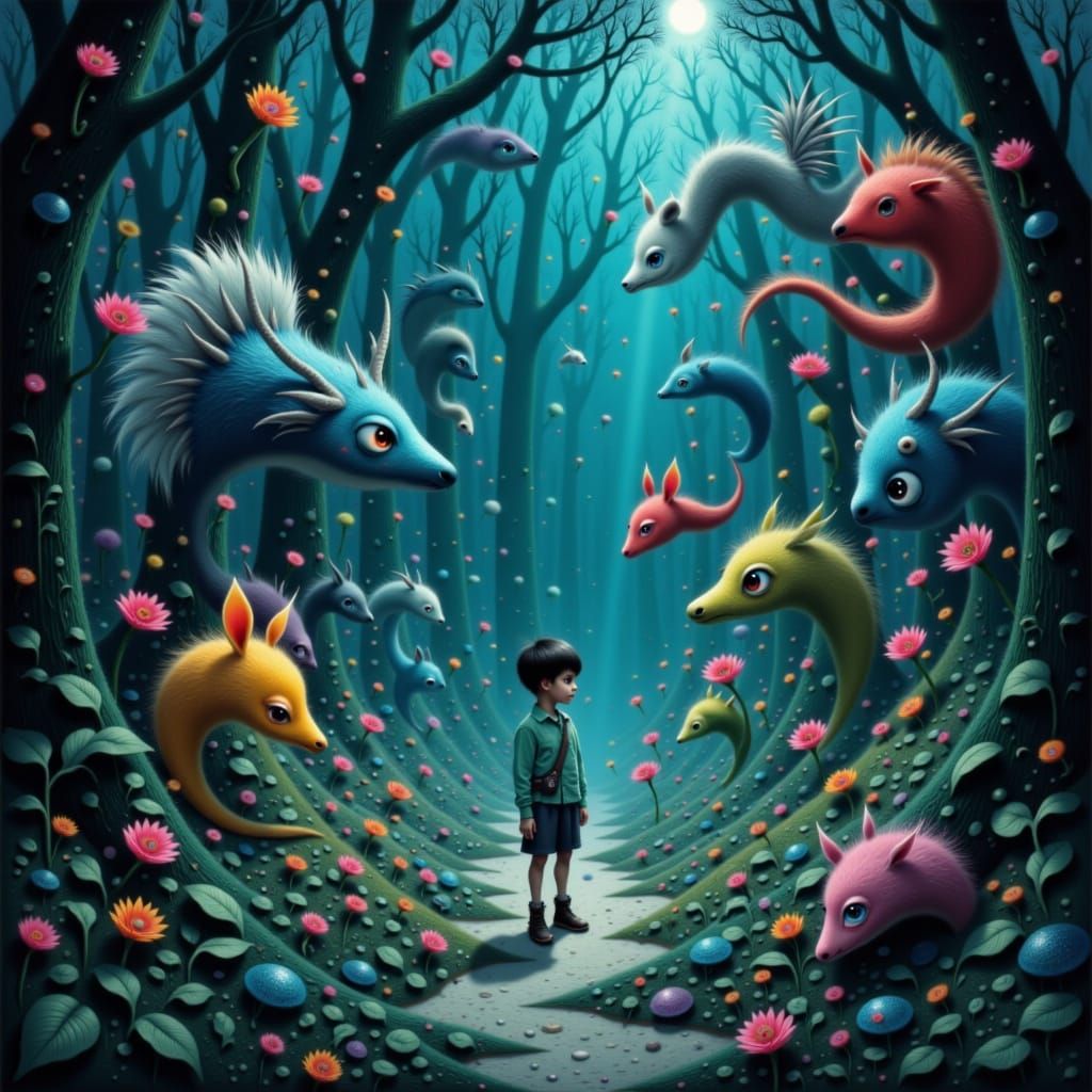 Fantastical Creatures Surround Boy, Children's Book Illustra...
