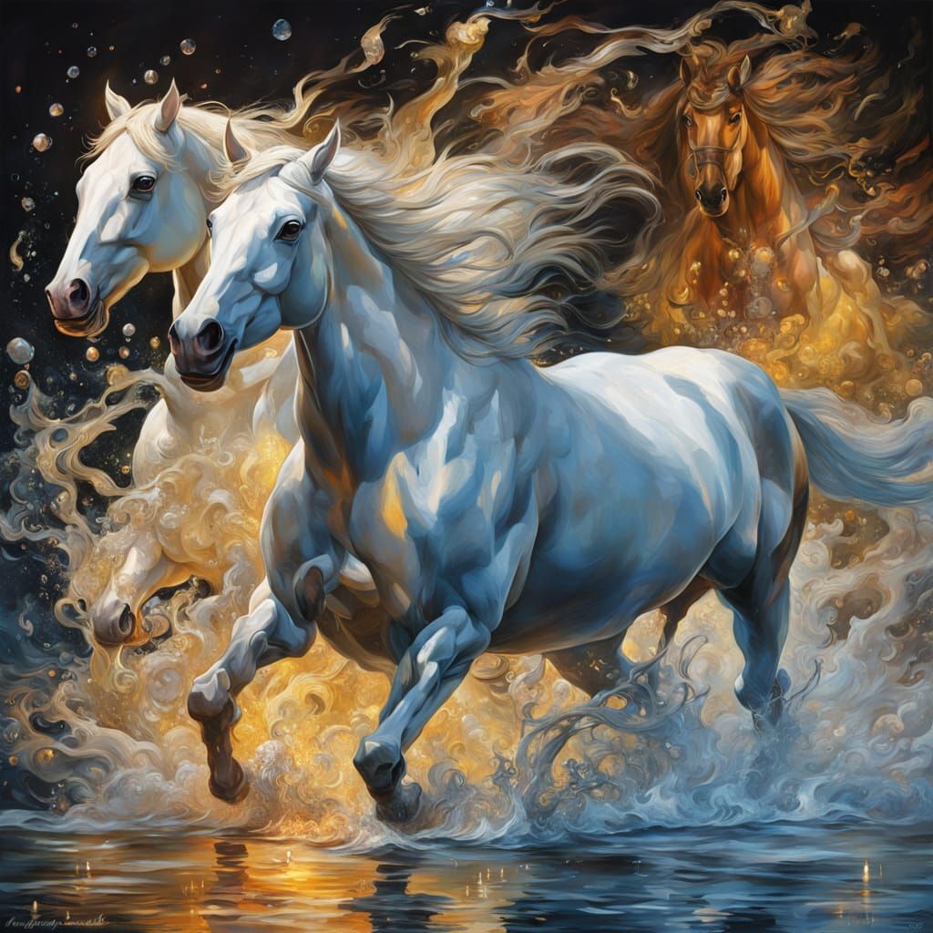 Vibrant Baroque Horses Racing on Water with a Smiling Lady