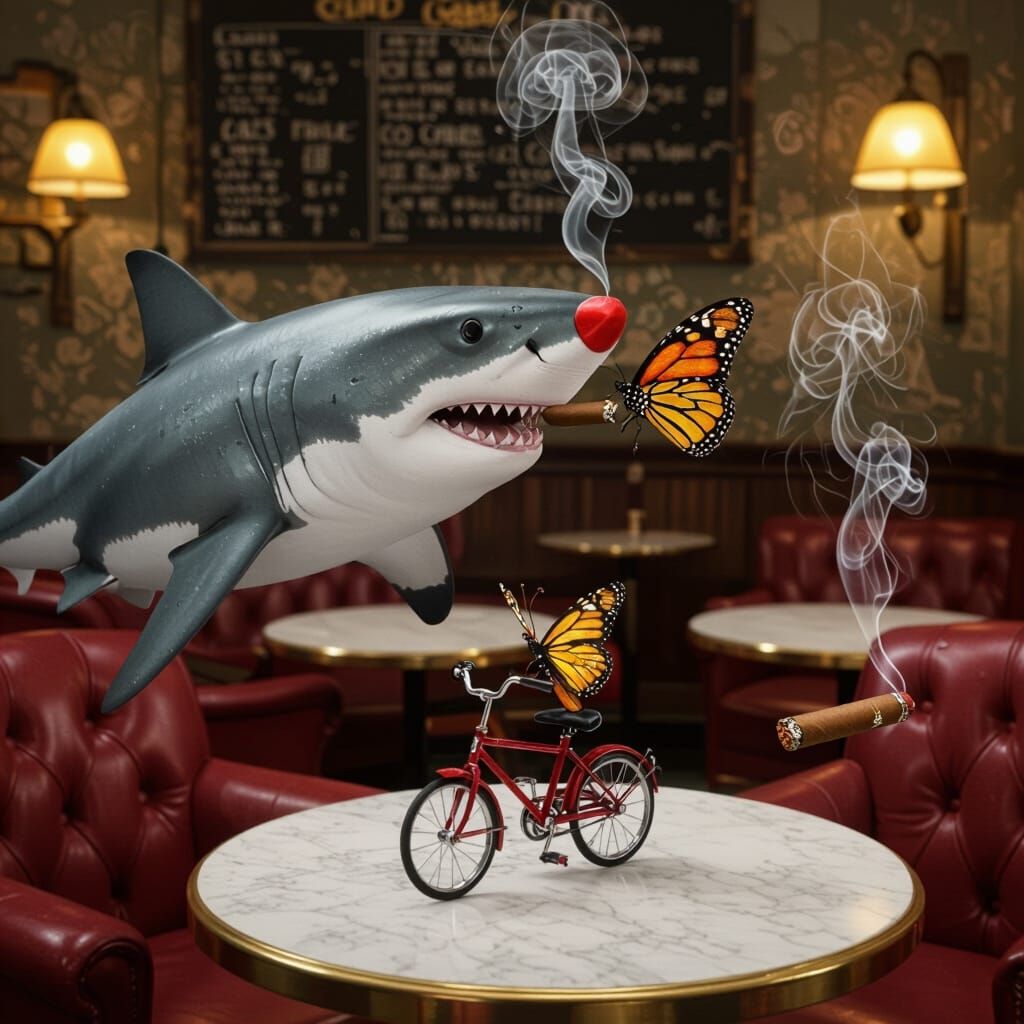 Whimsical Shark Kisses Butterfly on Bicycle in Cafe