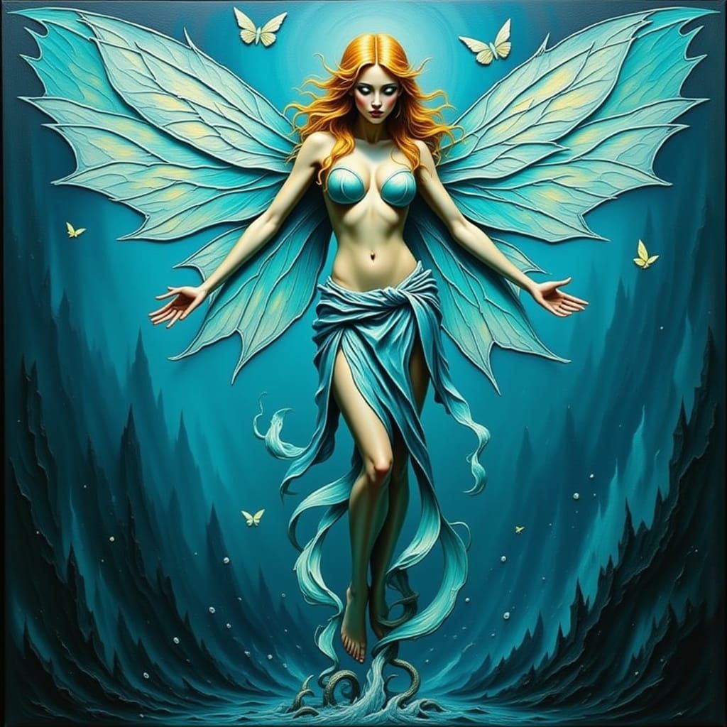 Impasto Fairy Elf in Iridescent Turquoise and Aquamarine Win...