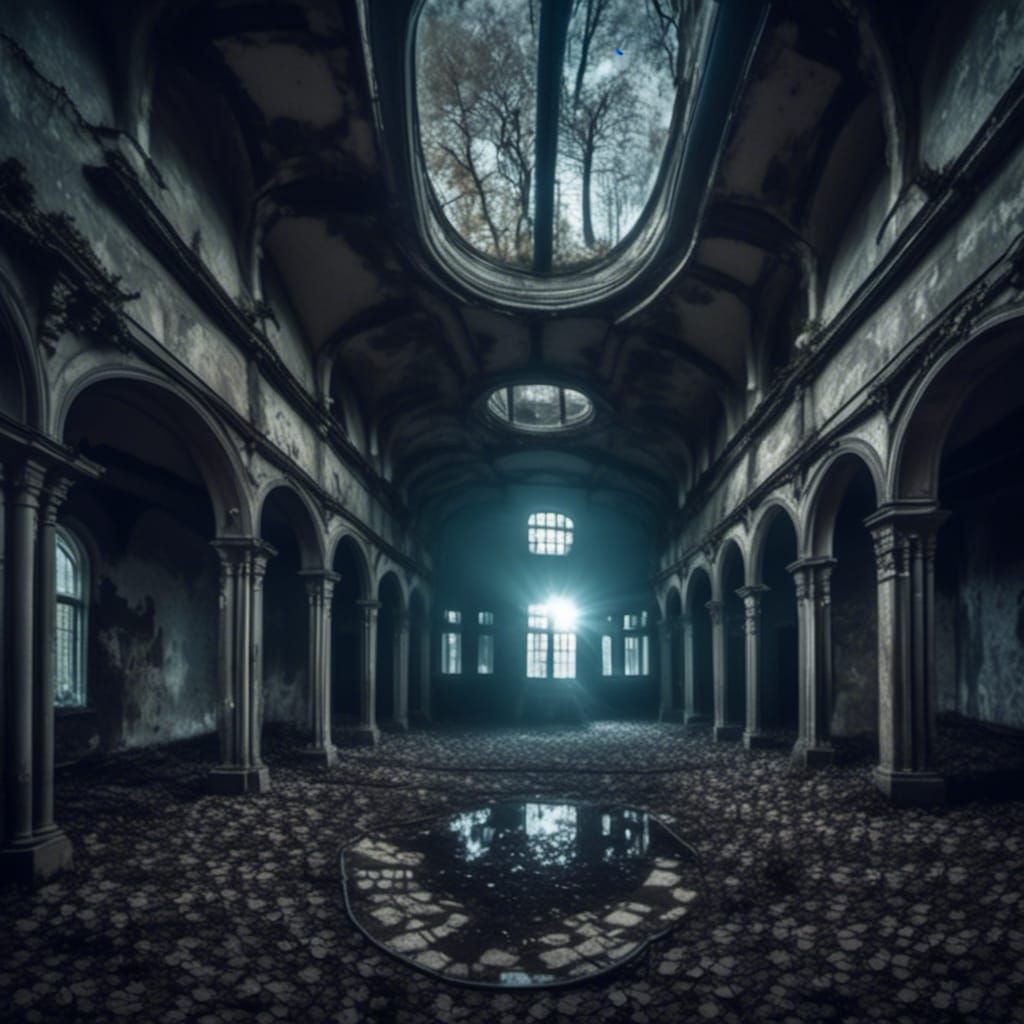 Eerie Abandoned Hospital at Night in Sepia Tones