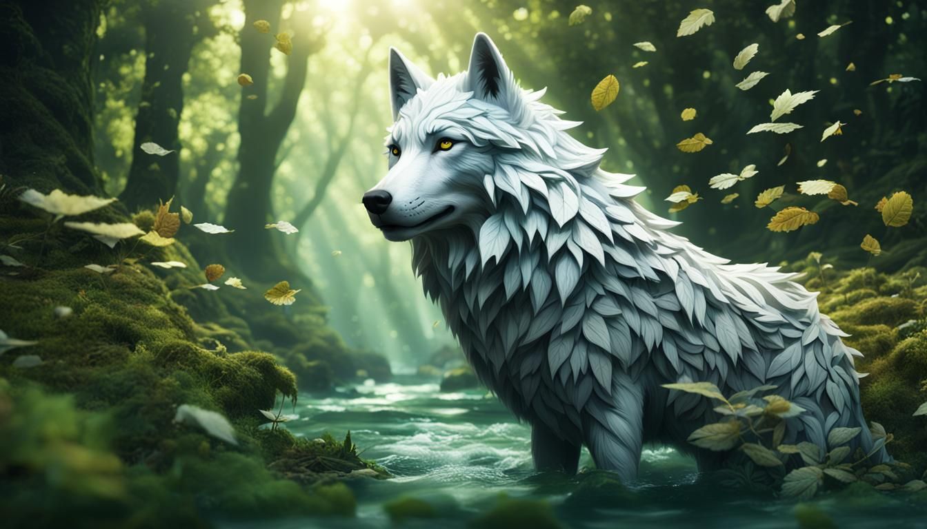 Magical Forest: White Wolf Covered in Leaves