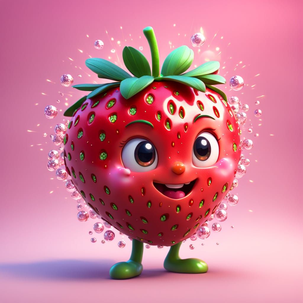 Cute Strawberry Character with Sparkles, 3D Digital Art