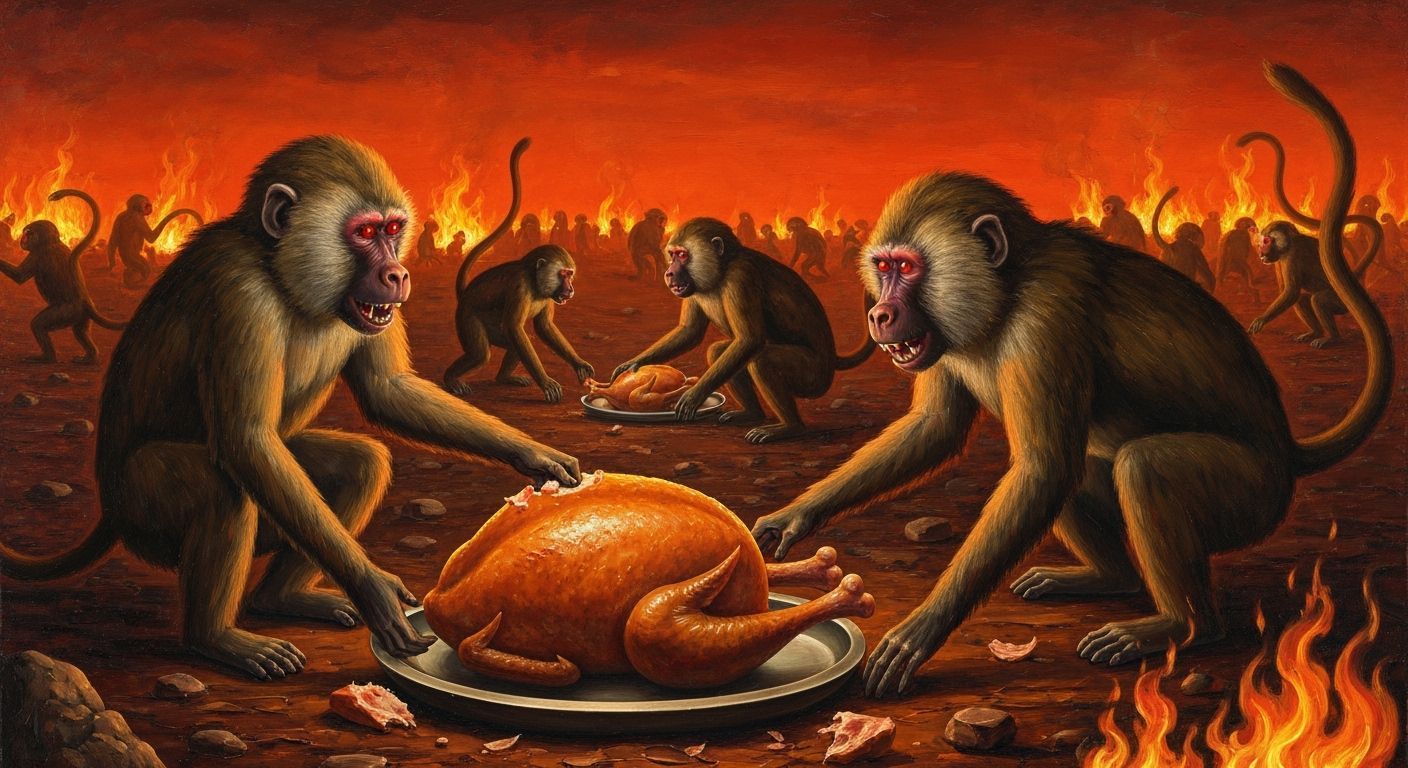 Hellish Baboons Devour Turkey in Surreal Belgian Landscape