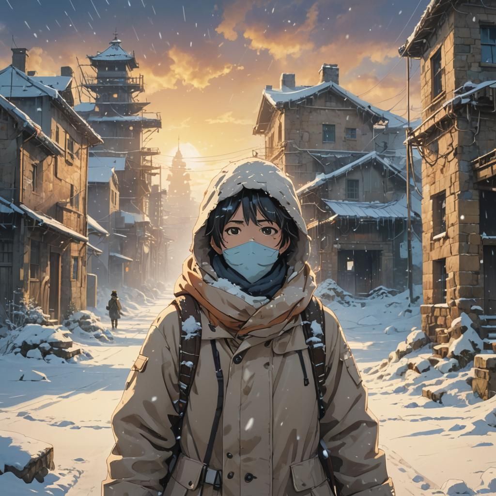 Winter Refugee in a Post-Apocalyptic World in Anime Style