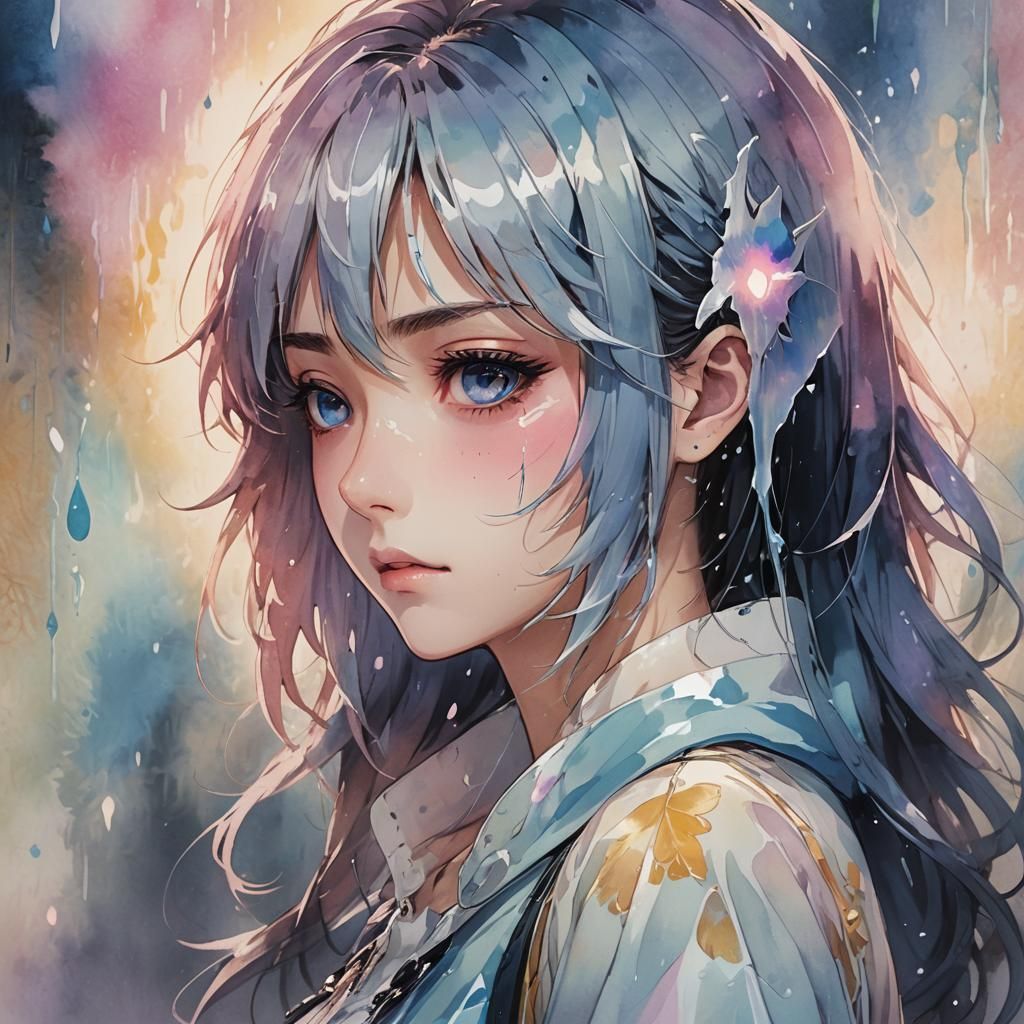 Emotive Anime Portrait of Girl with Tear