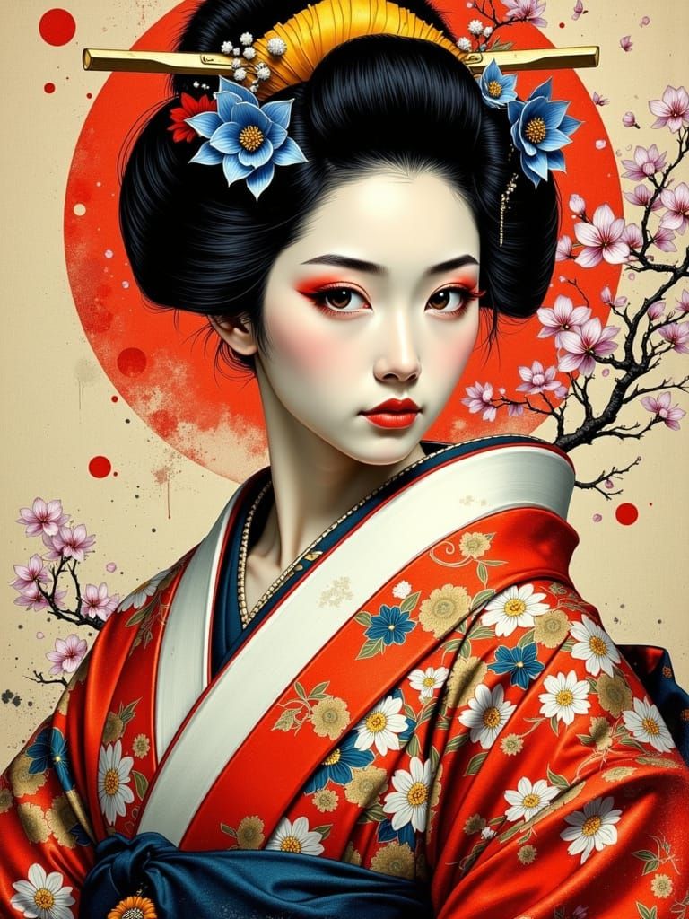 Geisha and Samurai Portrait in Splash Art Style