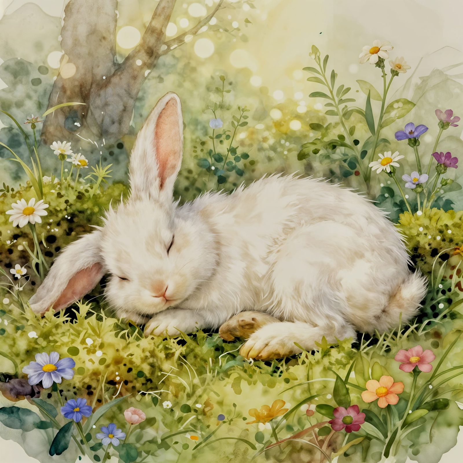 Fluffy Bunny Rabbit Sleeping Peacefully in Moss