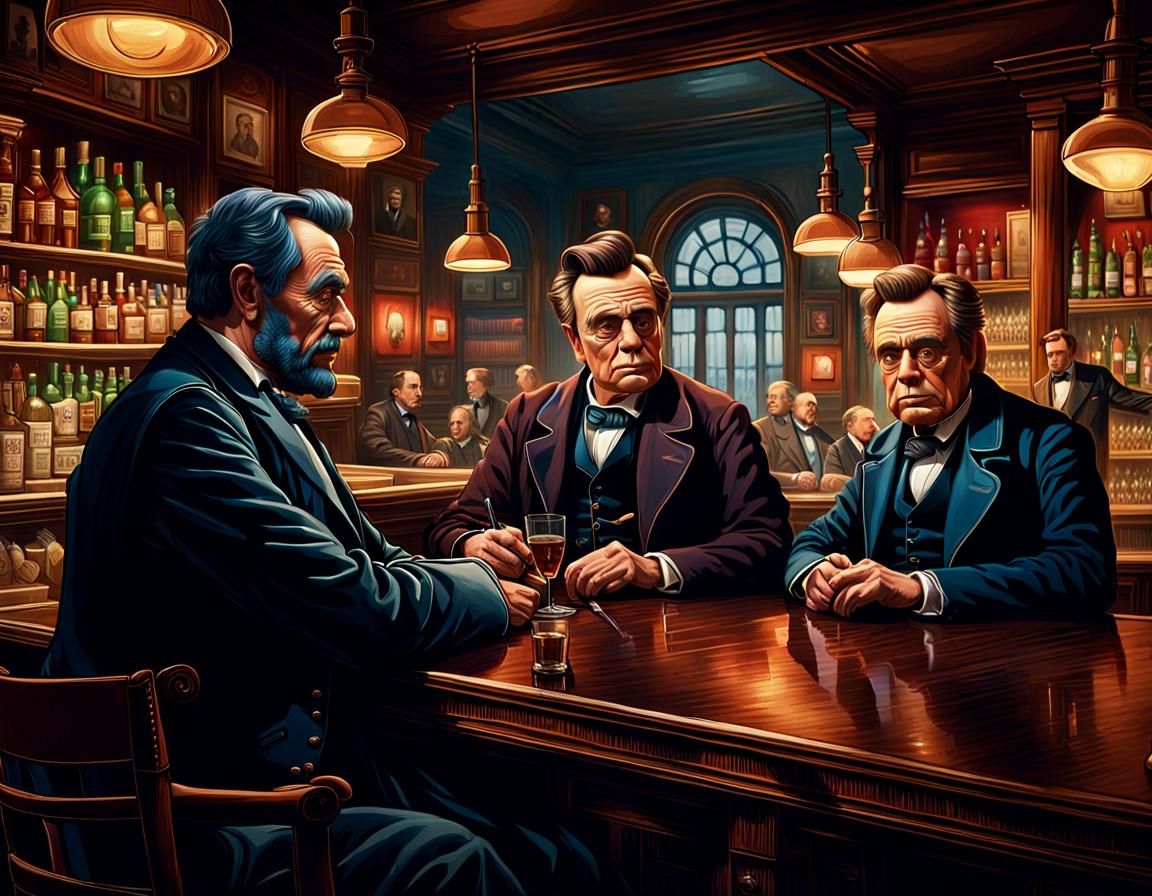 Abraham Lincoln hanging out with friends at a bar in downtow...
