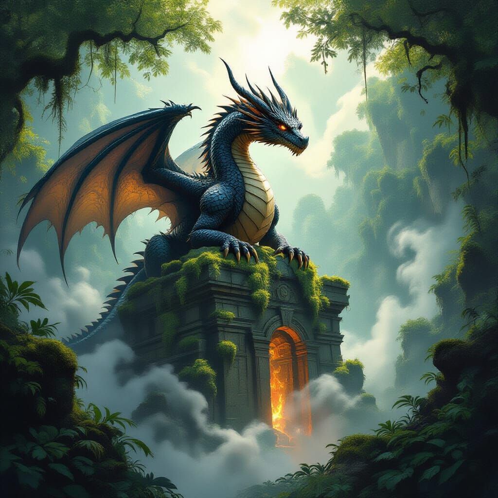 Ancient Dragon on Ruin in Misty Jungle