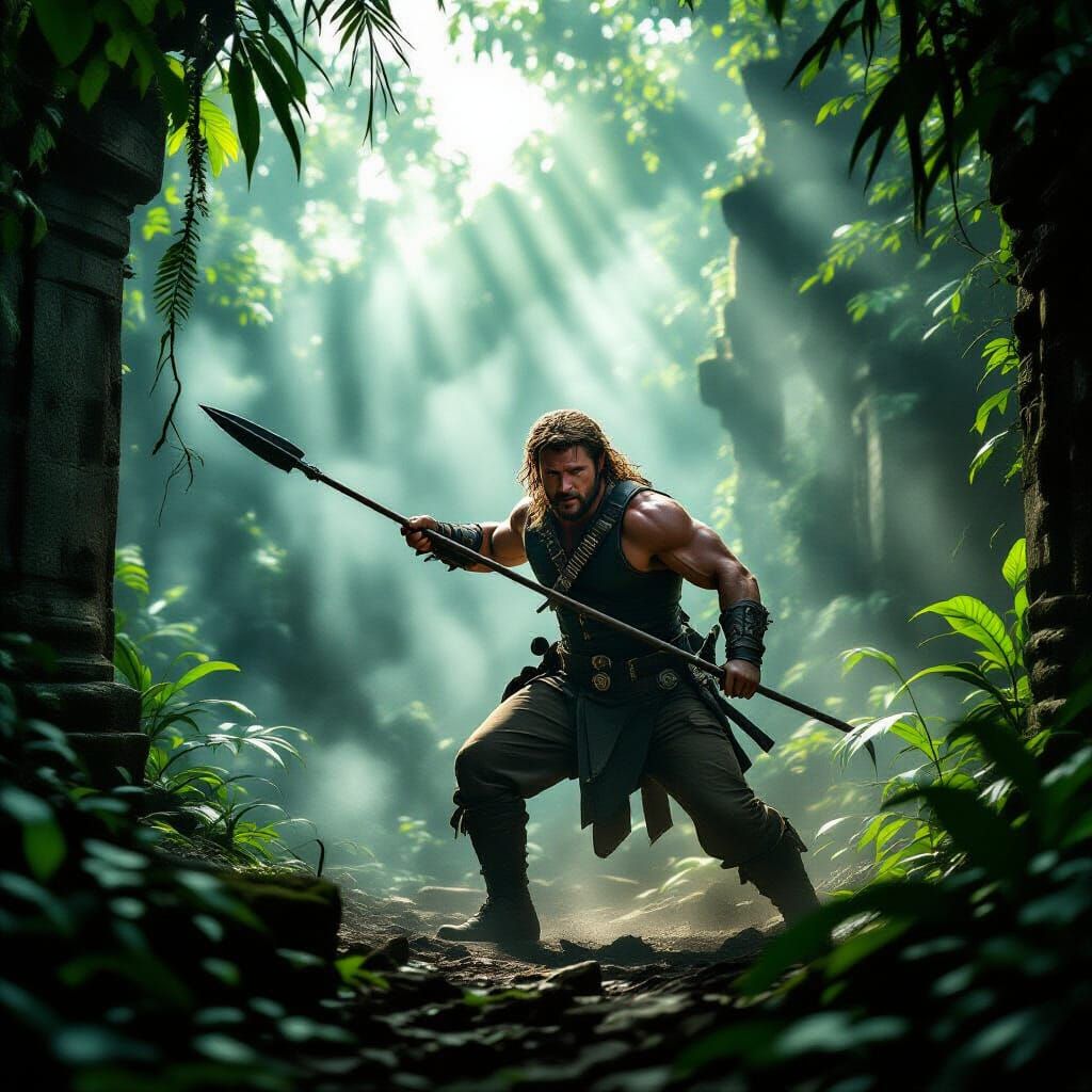 Adventurer Gerard Butler in Jungle Ruins Cinematic Scene