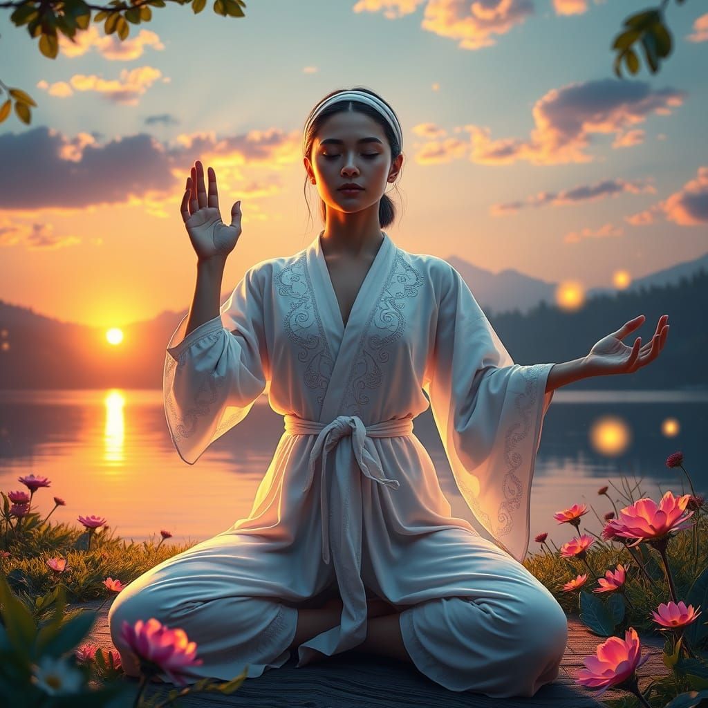 Mental Wellness Goddess in Dreamlike Yoga Oasis