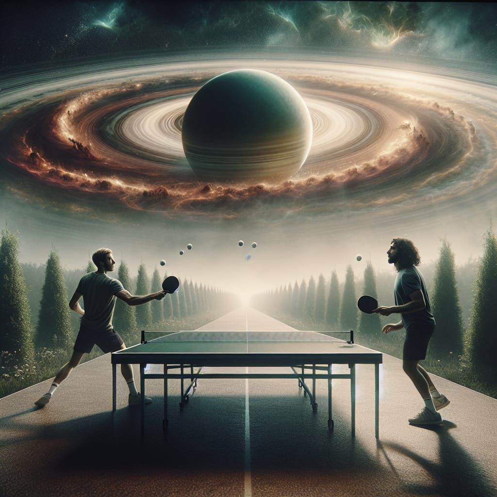 Dramatic Table Tennis Game with Saturn Background