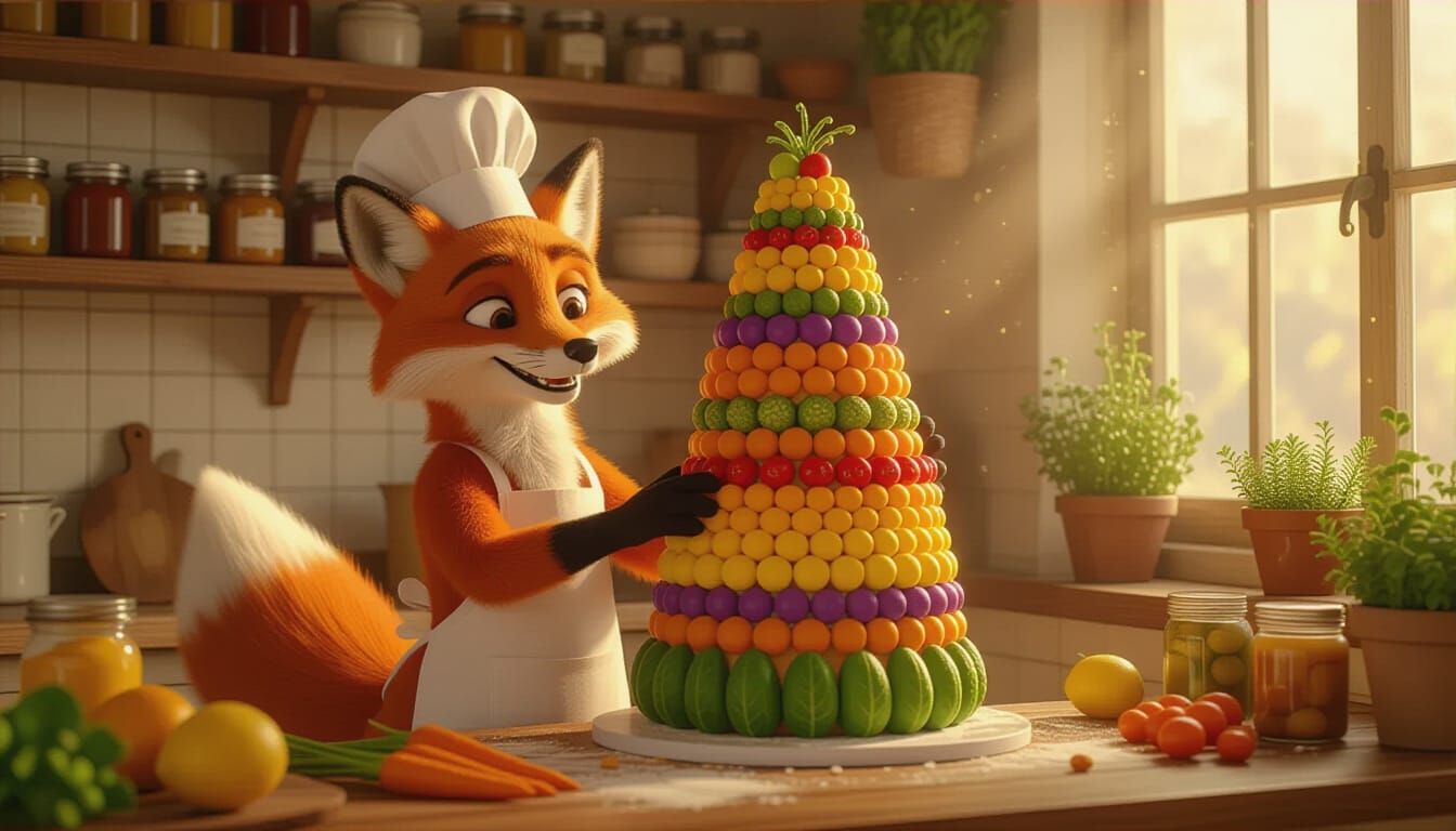 Anthropomorphic Fox Baker Decorates Vegetable Cake
