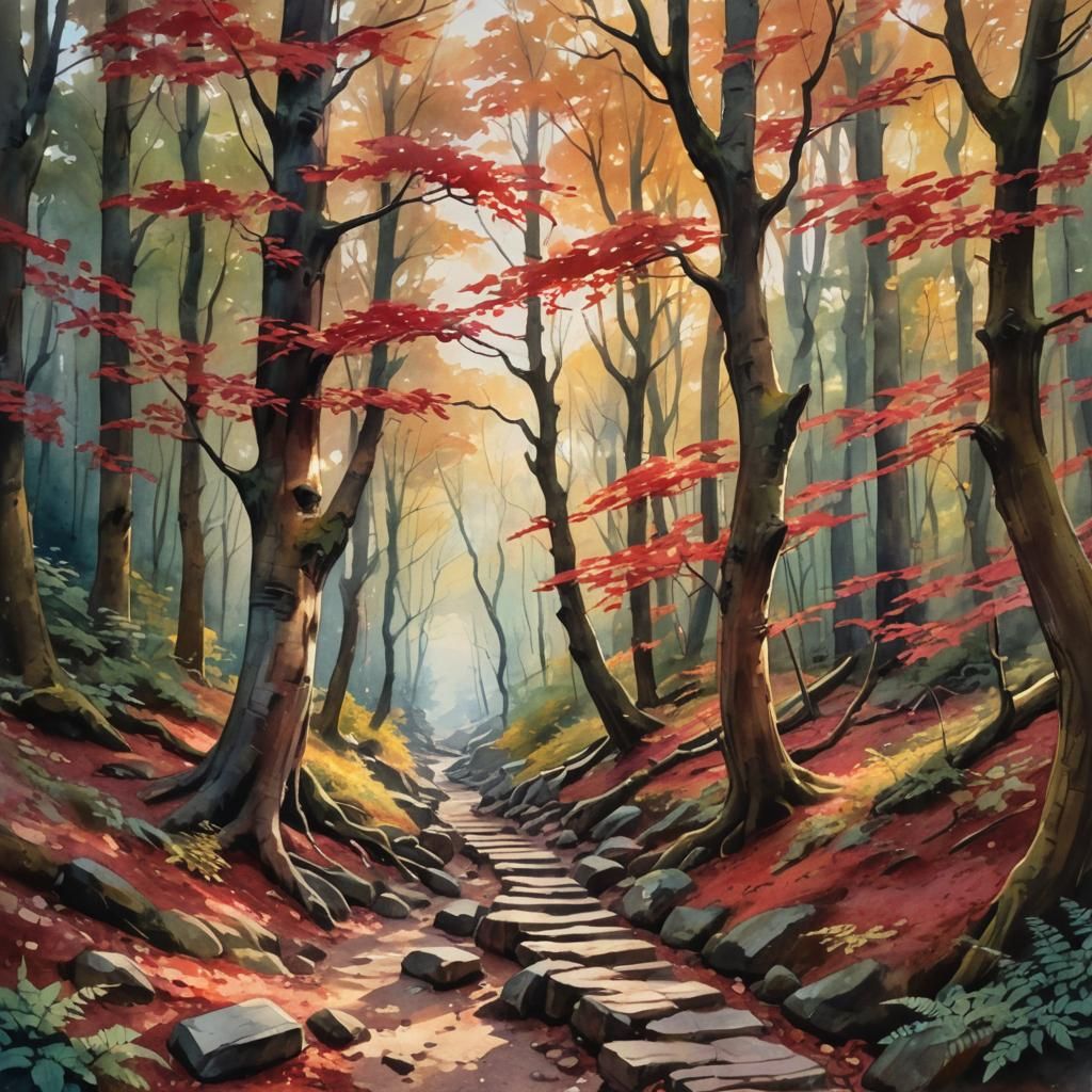 Mystical Forest Pathway in Watercolor Style