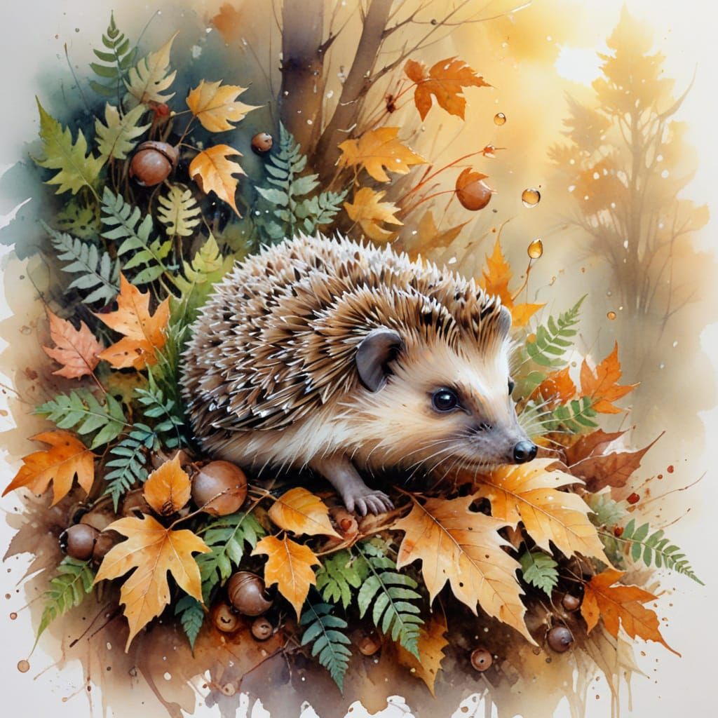 Hedgehog in Autumn Leaves: Watercolour Painting