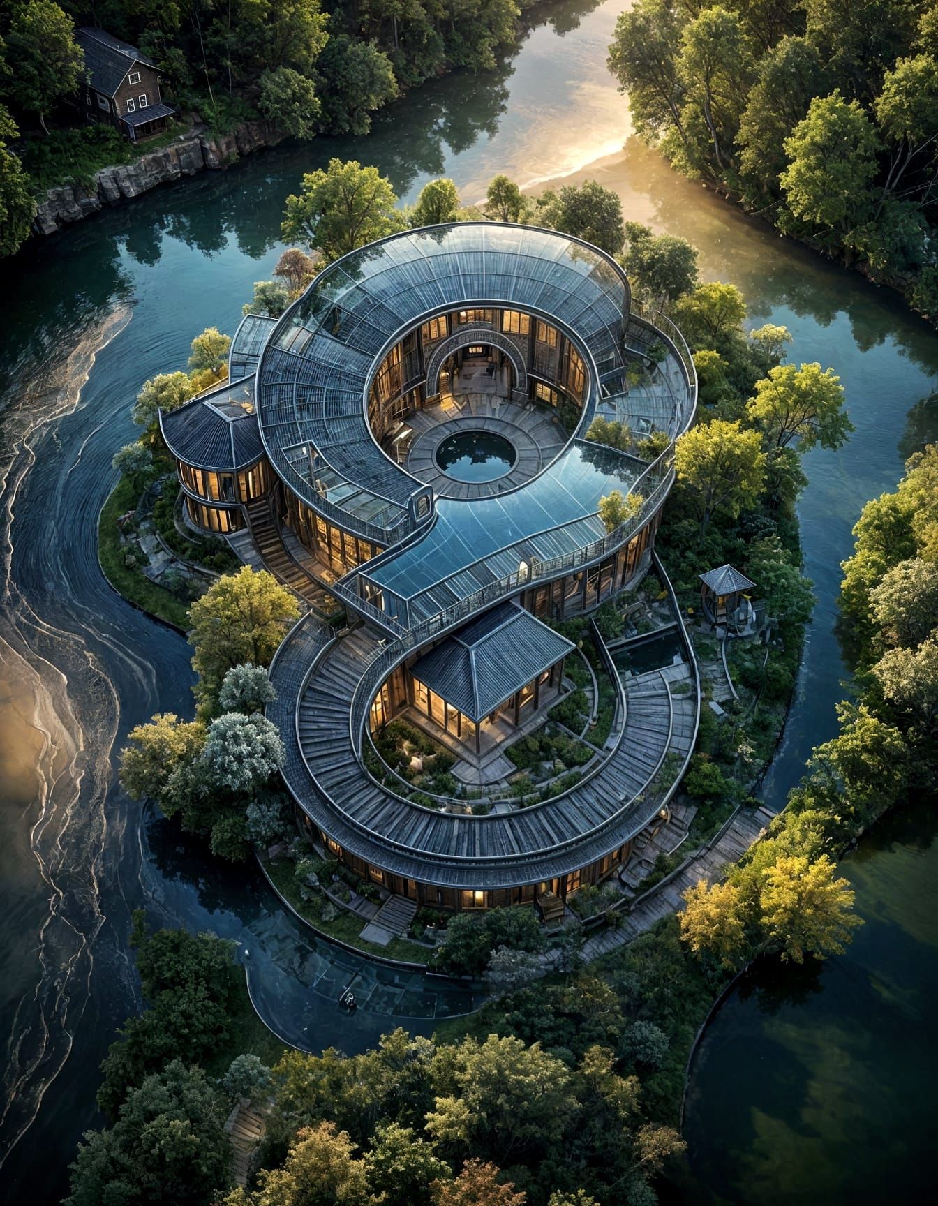 Hyperrealistic Eight-Shaped Mansion in Cinematic Style