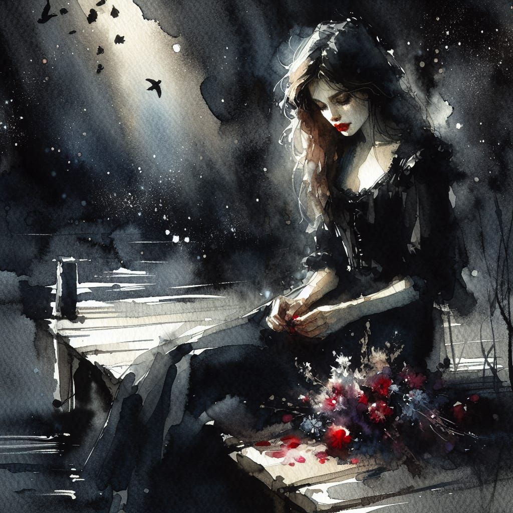 Sorrowful Maiden on the Quay in Muted Watercolors