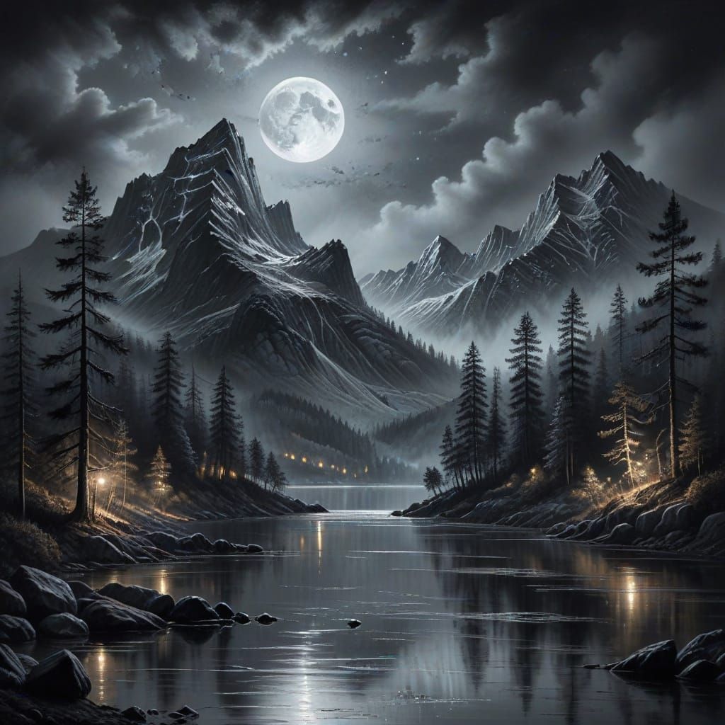 Moonlit Mountains, Lake, and Forest in Charcoal