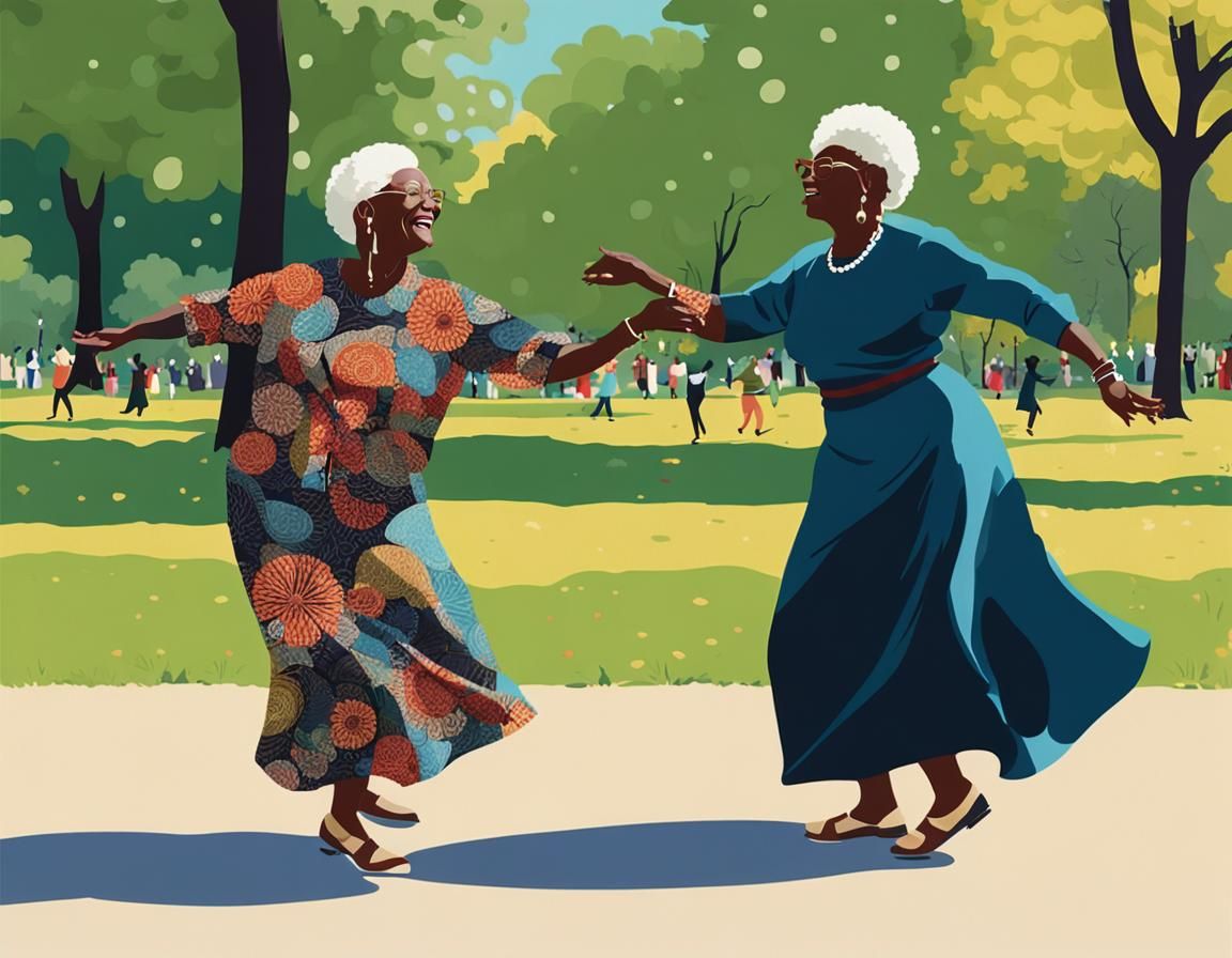 Two Older Women Dancing in Park, Cartoon Style