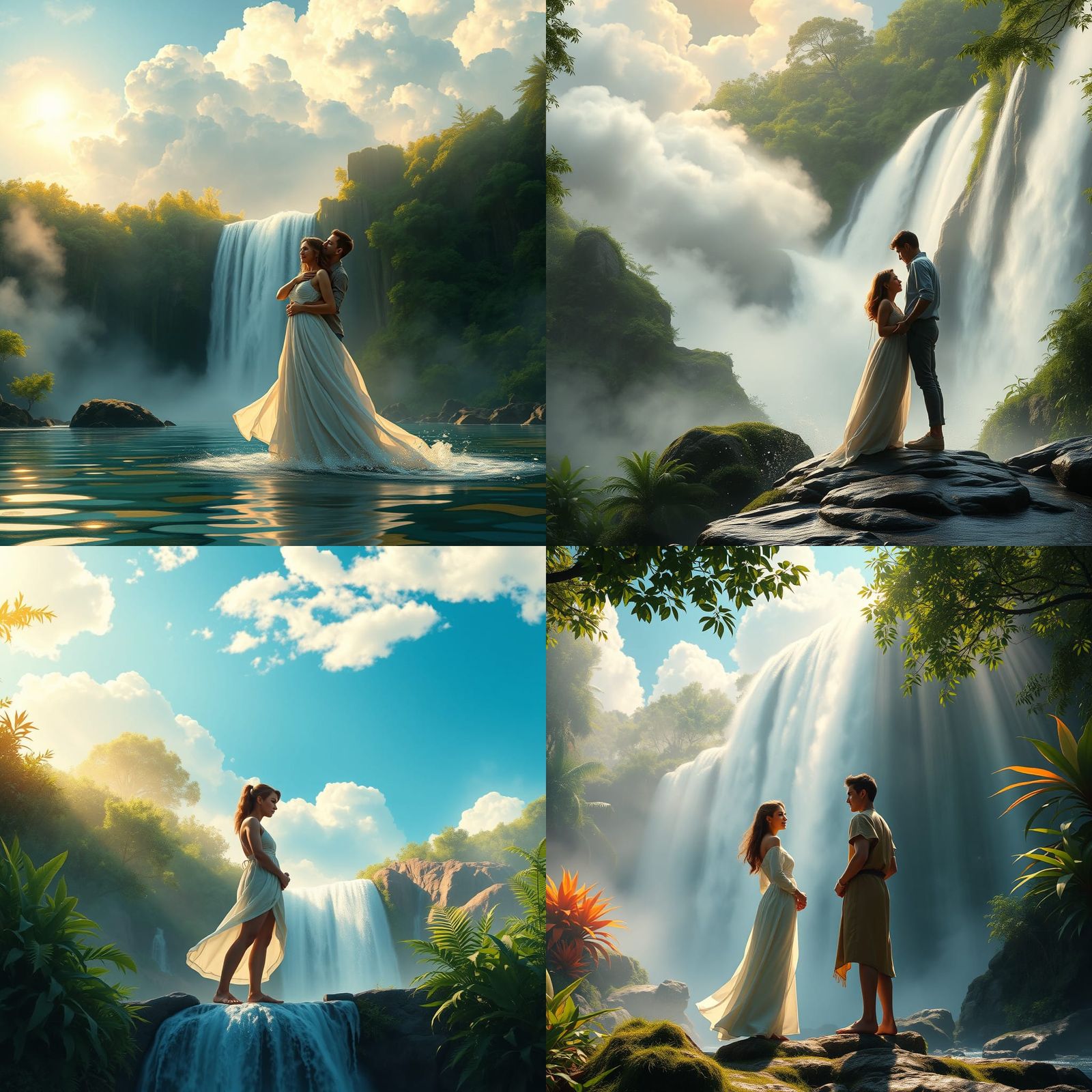 Peaceful Waterfall Conversation: Detailed Fantasy Art