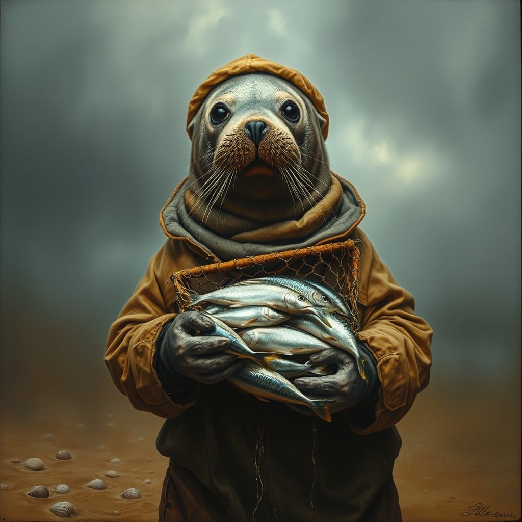 Friendly Seal Fisherman on Foggy Beach in Oil Painting
