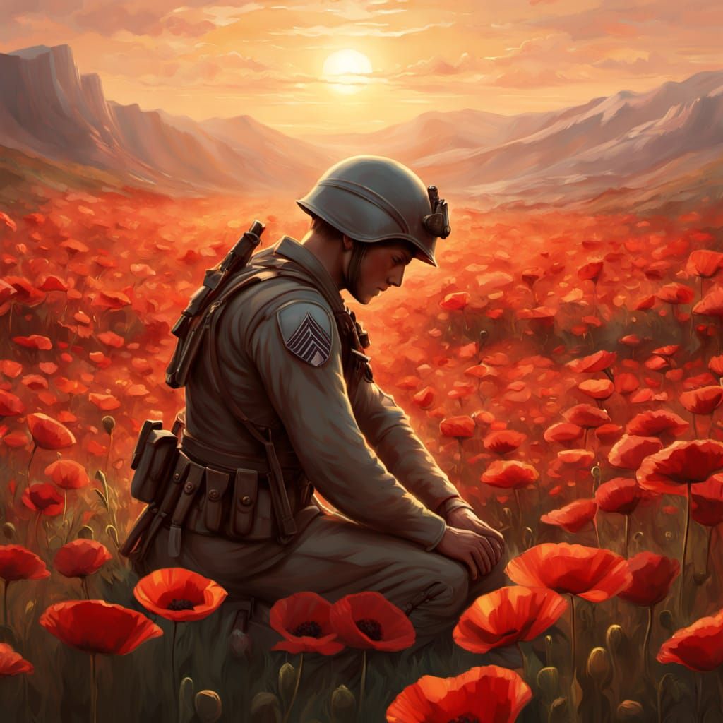 Soldier Kneeling in Poppy Field at Sunrise