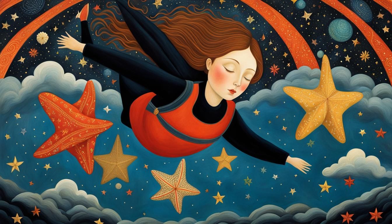 Celestial Skydive: Dreamy Whimsical Illustration of Infinite...