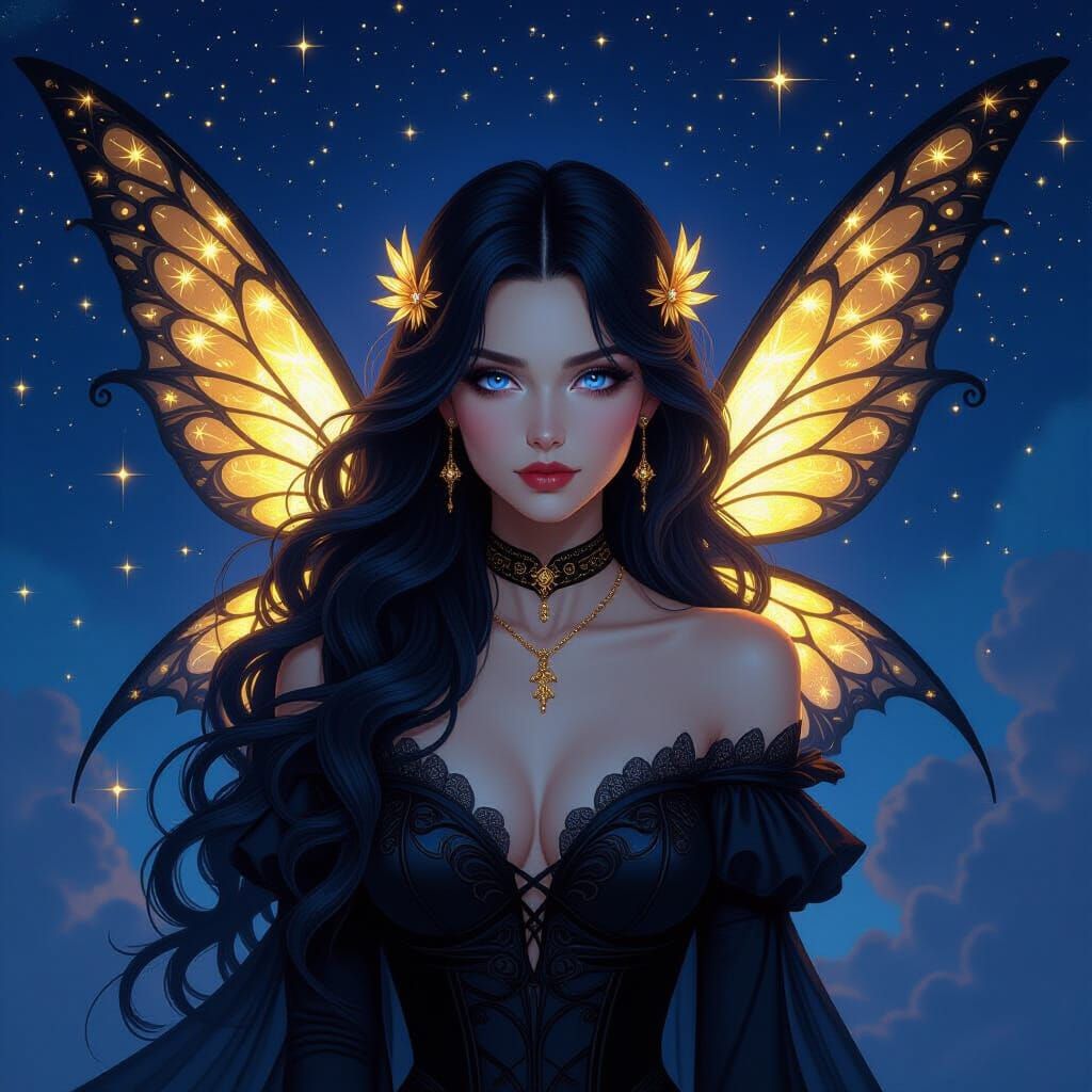 Night Fairy with Golden Wings in Dark Fantasy Style