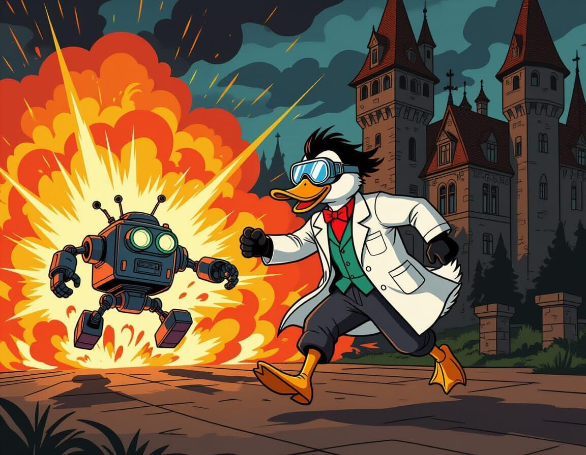 Merganser Duck Escaping Robot Explosion