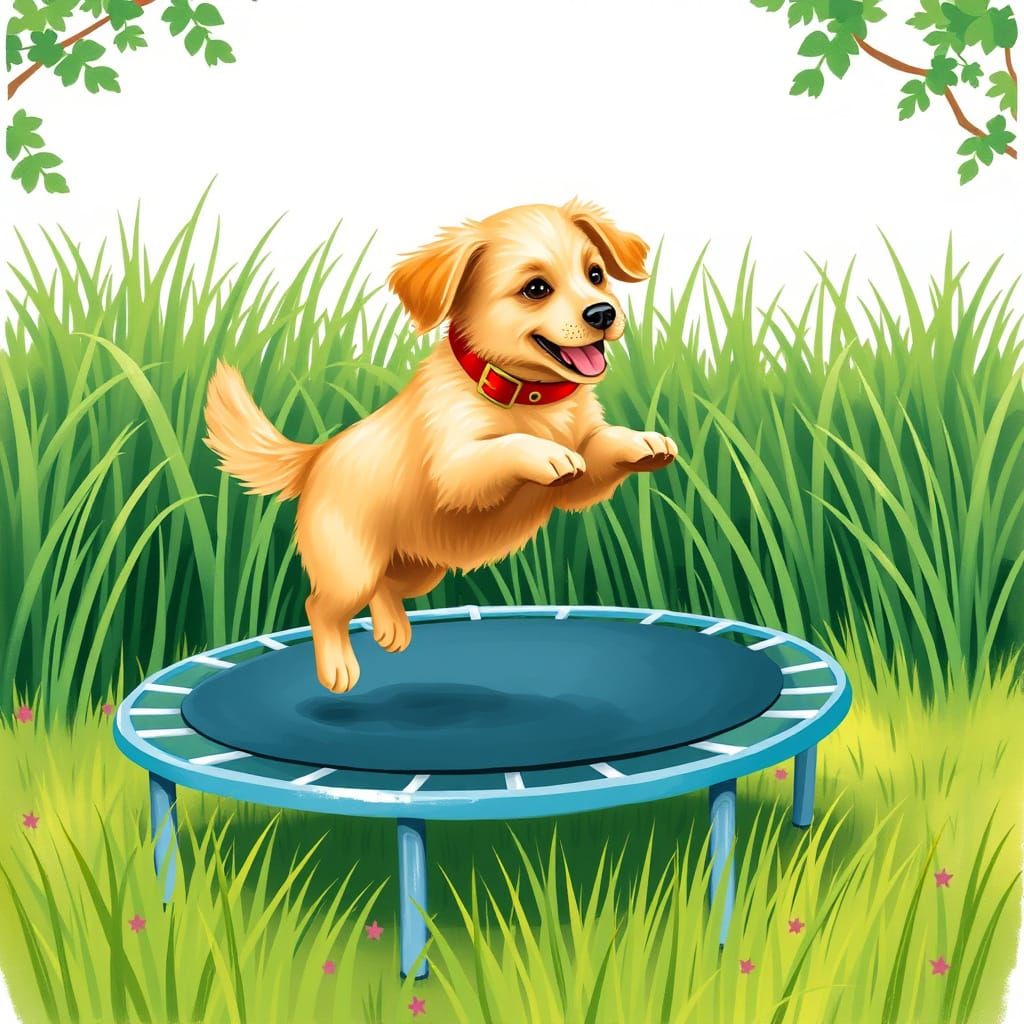 Whimsical Golden Retriever Soars on Colorful Trampoline