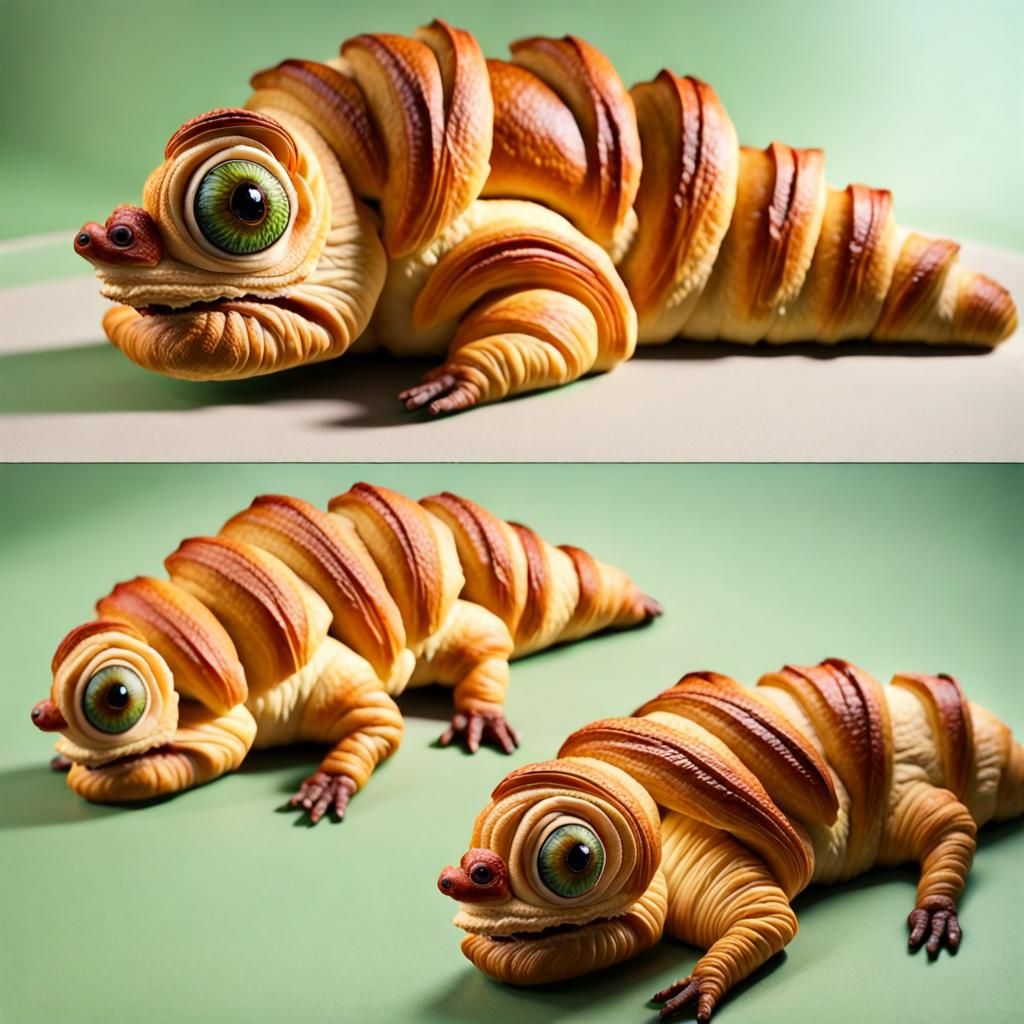 Hyperrealistic Croissant Chameleon Food Art