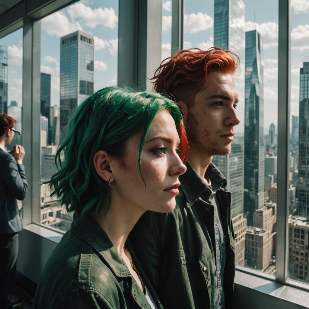 Contrasting Hairs at Skyscraper Window