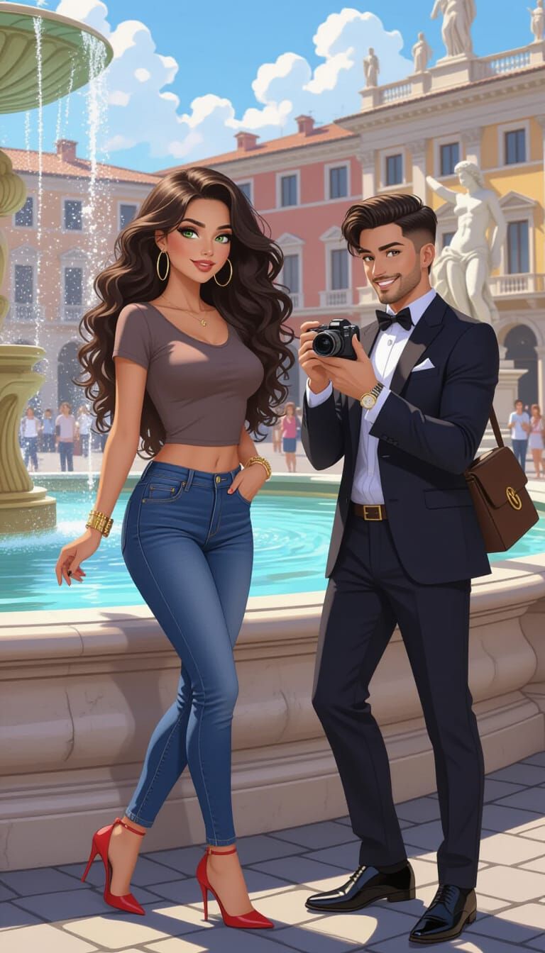 Woman Posing in Rome Square: Anime Digital Art