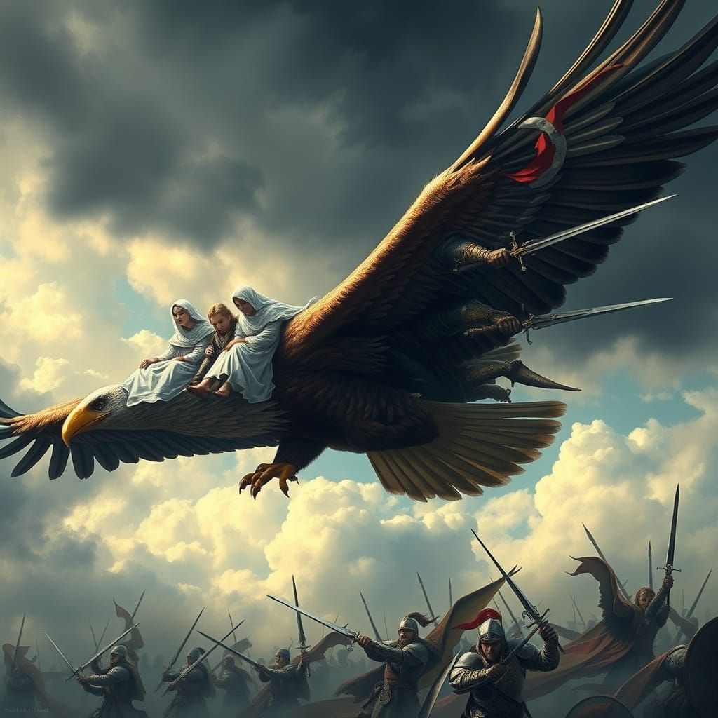 Majestic Eagle Carrying People in Dramatic Sky