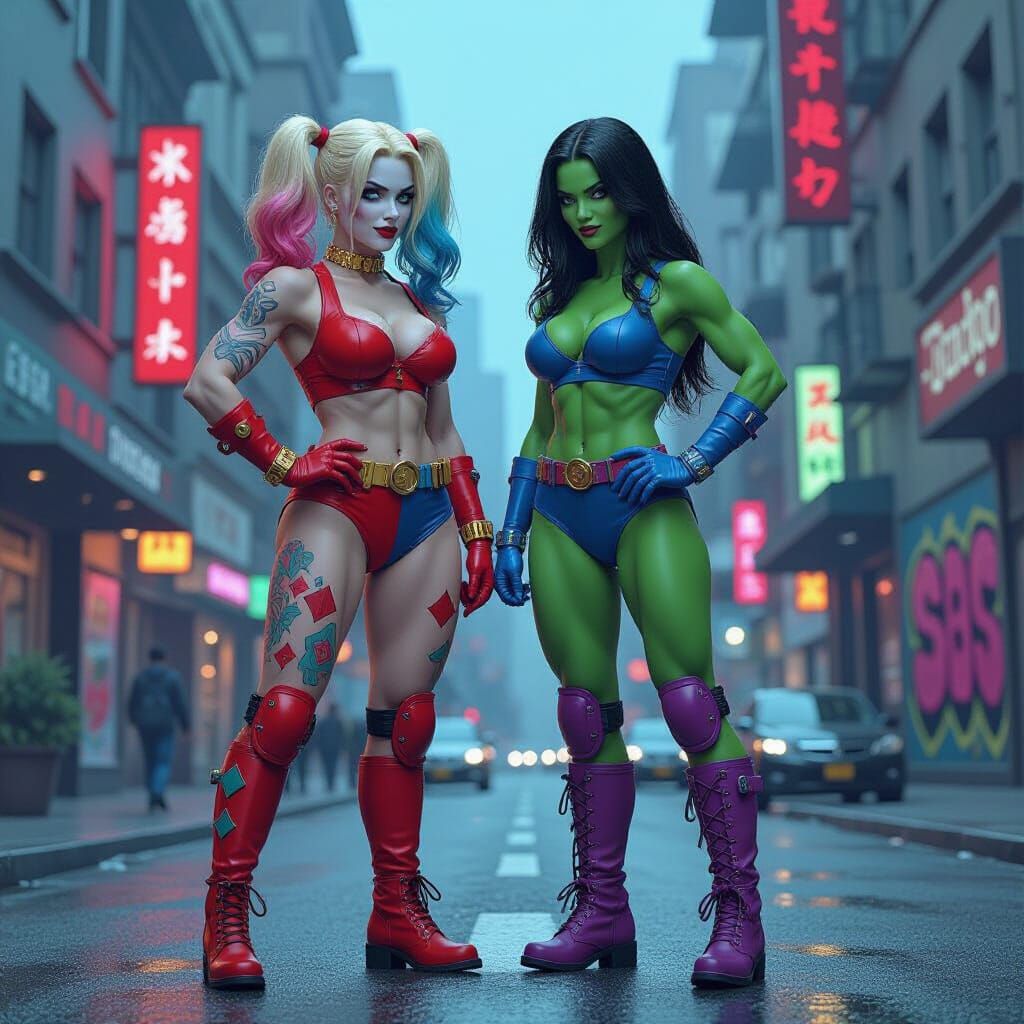 Harley Quinn and She-Hulk Date Night in Dystopian Cityscape
