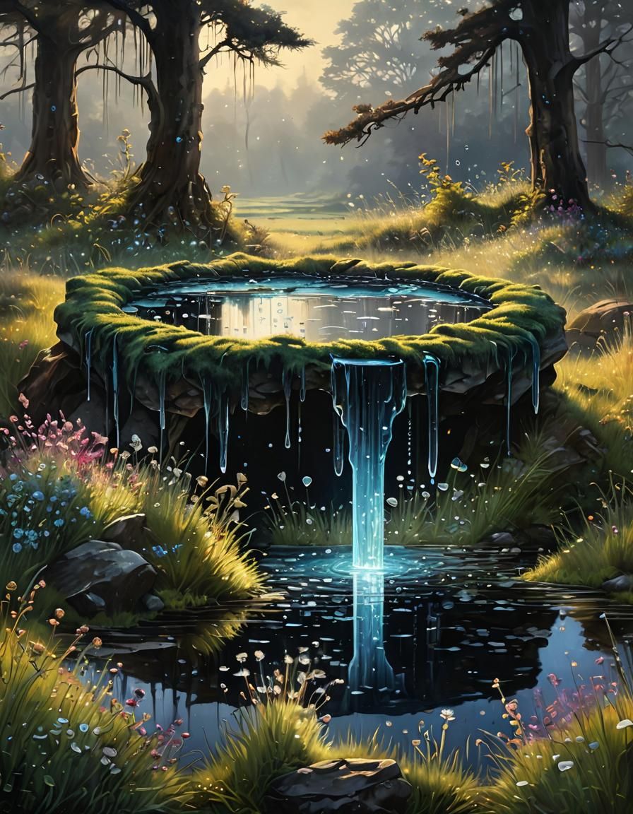 Crystalline Dewdrops Illuminating a Woodland Well