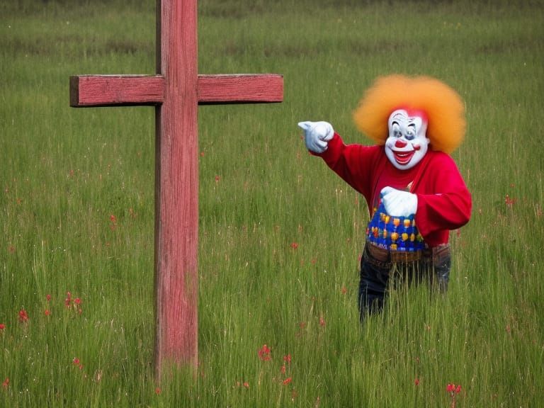 Clown Nailed to Cross in Easter Field