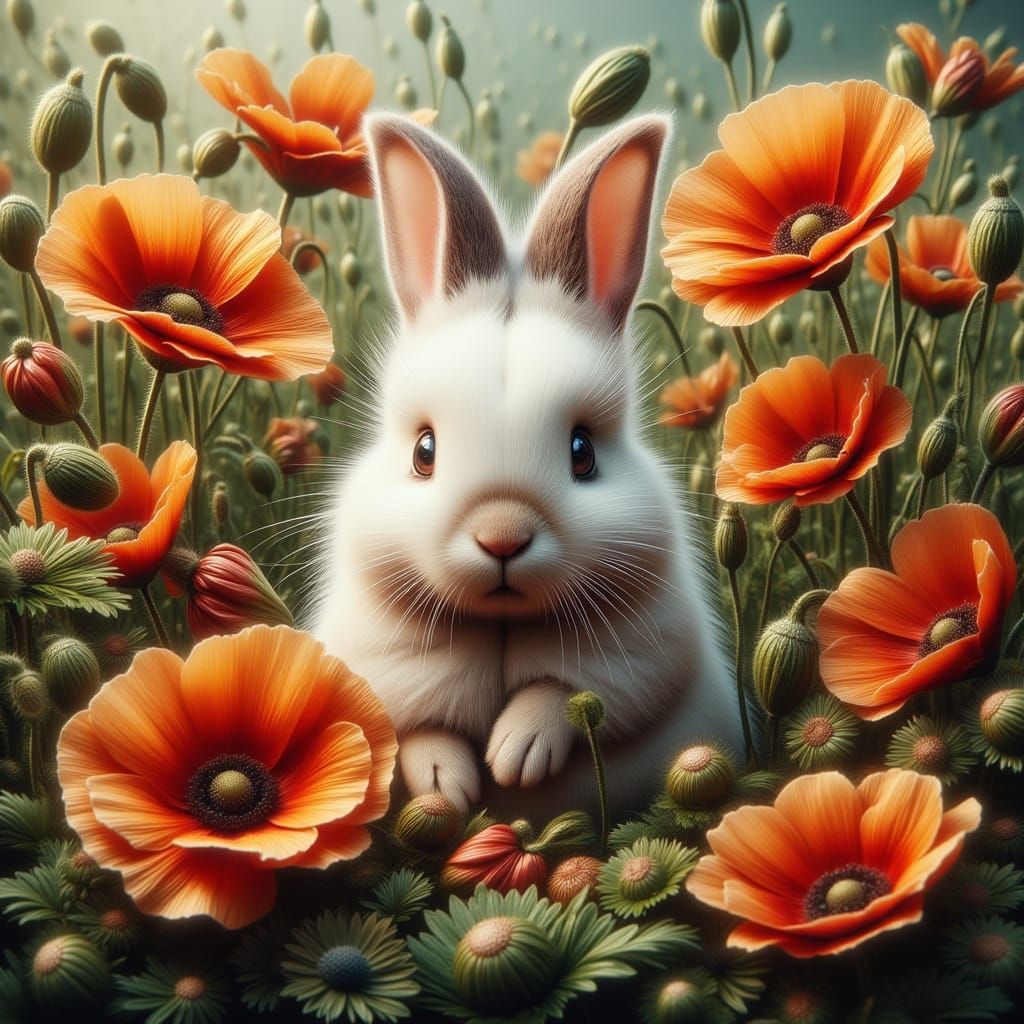 Fluffy Bunny Amidst Vibrant Poppies