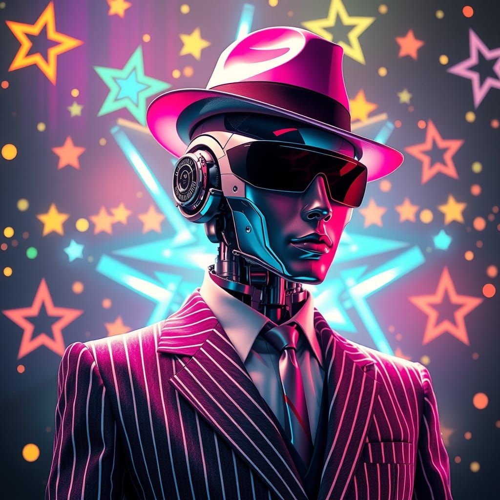 Robot Model in Retro Futurism Style with Glitchcore Stars