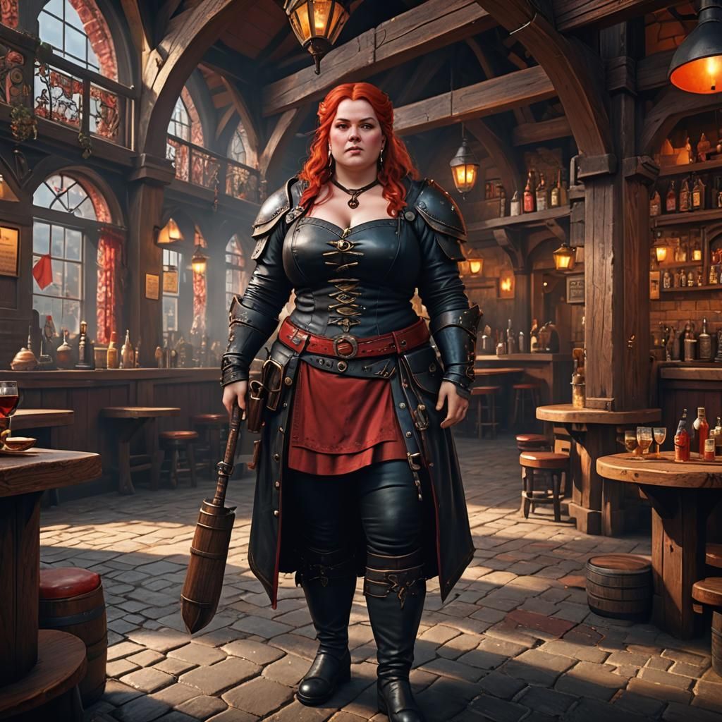 Dominant Redhead in Leather: Fantasy Tavern Art