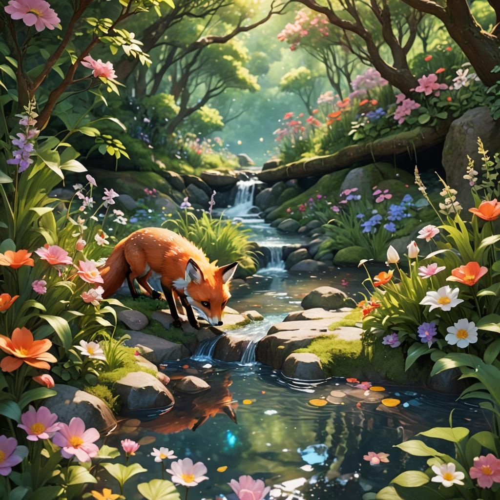 Anime Fox Cub in Forest Creek Scene