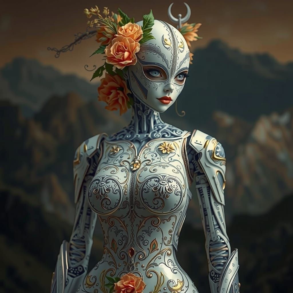 Elegant Cyborg Full Body Portrait in Anime Style